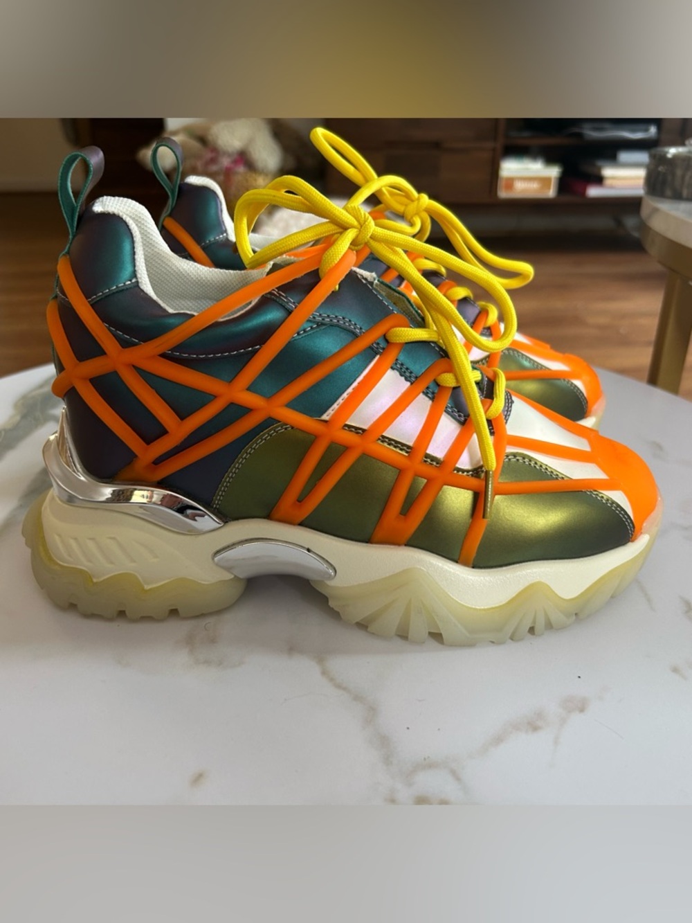Alexander Wang Acerola-01 Iridescent Green Sneakers Orange Cage & Yellow Laces